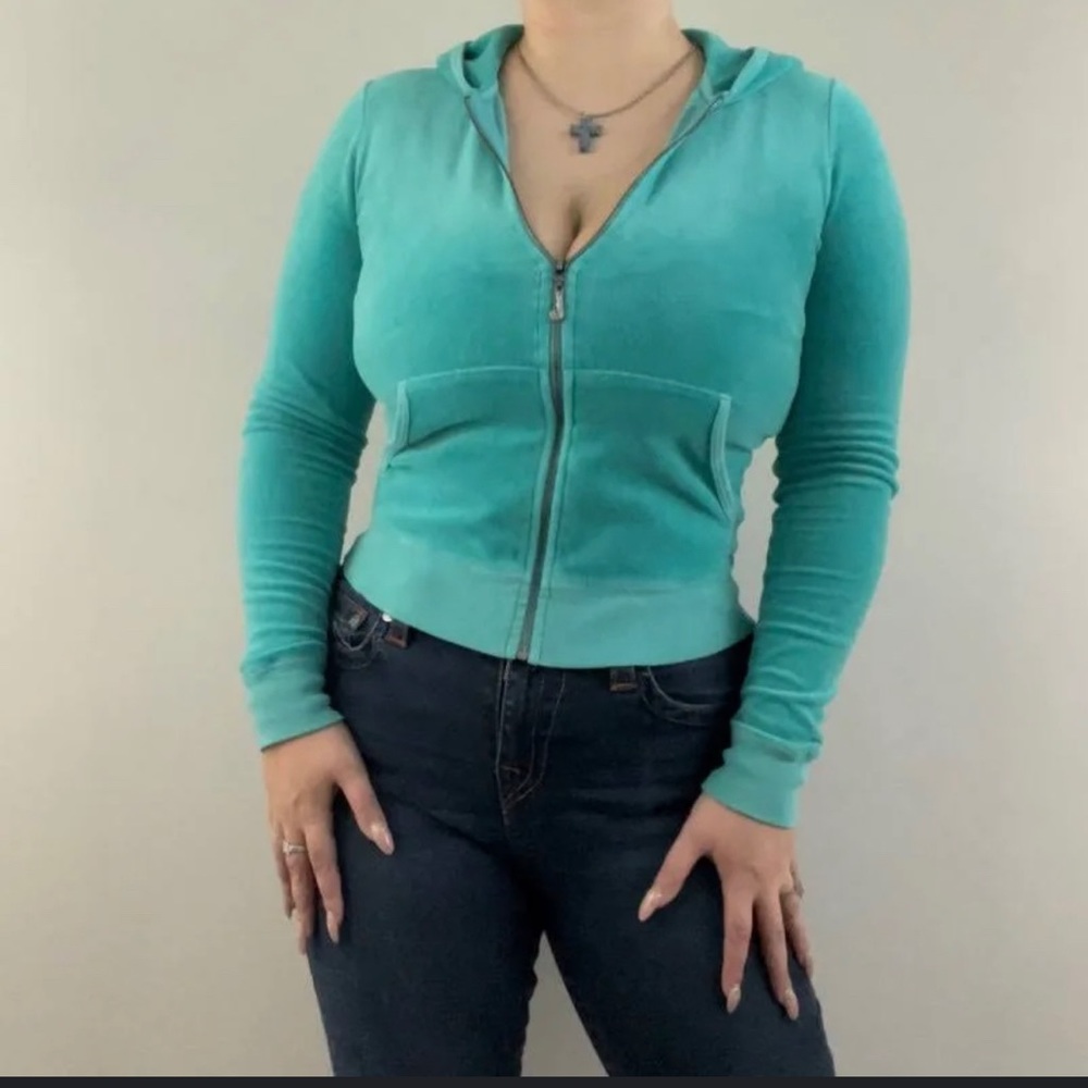Like New Juicy Couture Teal Green Hooded Velour Tracksuit